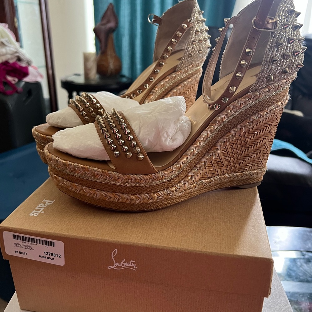 Christian Louboutin Tan Studded Espadrille Wedges